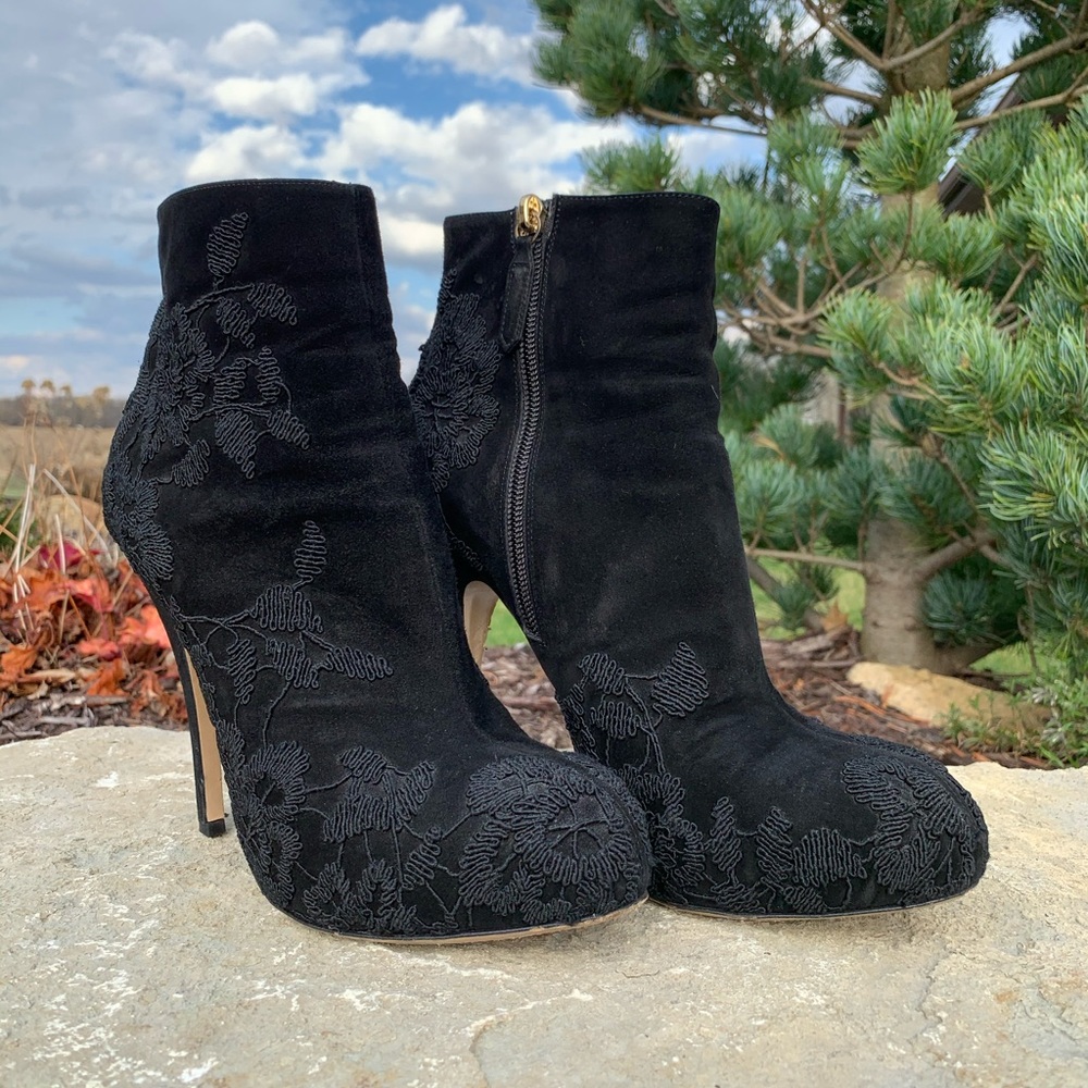 Black Valentino Ankle Boots with Lace Appliqué